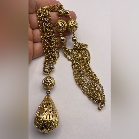 Vintage Gold Tone Festoon Multi Chain Necklace Filigree Sphere Tear Drop Pendant - Picture 6 of 8